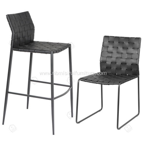 Black hand woven saddle genuine leather bar stool